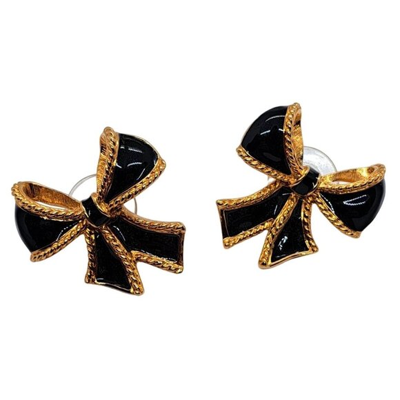 KJL for Avon black gold tone bow earrings pierced stud signed 1-1/8" - Picture 1 of 4